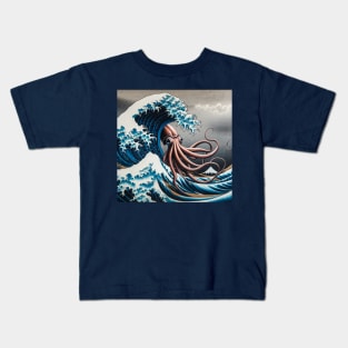 Kanagawa Giant Squid wave - Funny Mythical Sea Creature Meme Kids T-Shirt